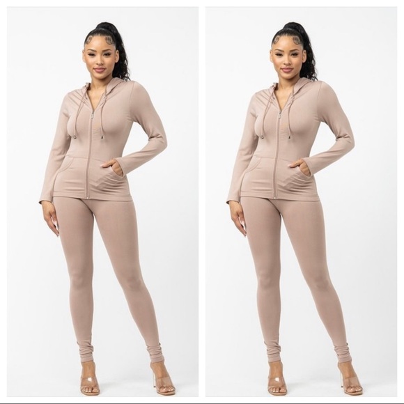 NEW FALL TRENDY ZIP UP MOCHA TWO PIECE ACTIVE HOODIE LEGGING SET - Picture 1 of 4